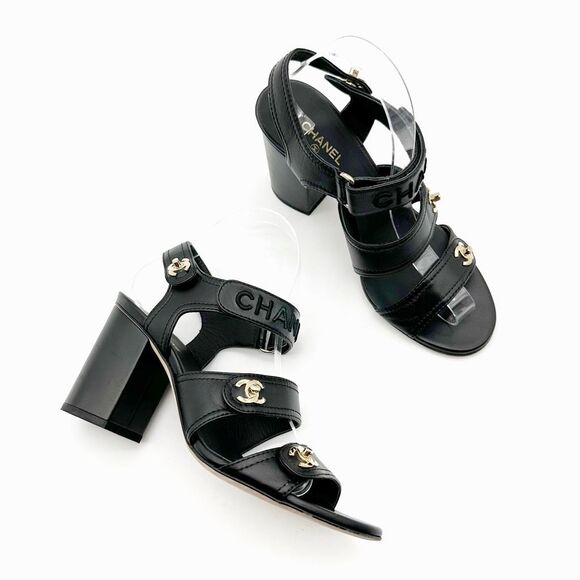CHANEL 2021 Turnlock Black Slingback Heels Size 39 Interlocking CC Logo Sandals - Picture 1 of 14